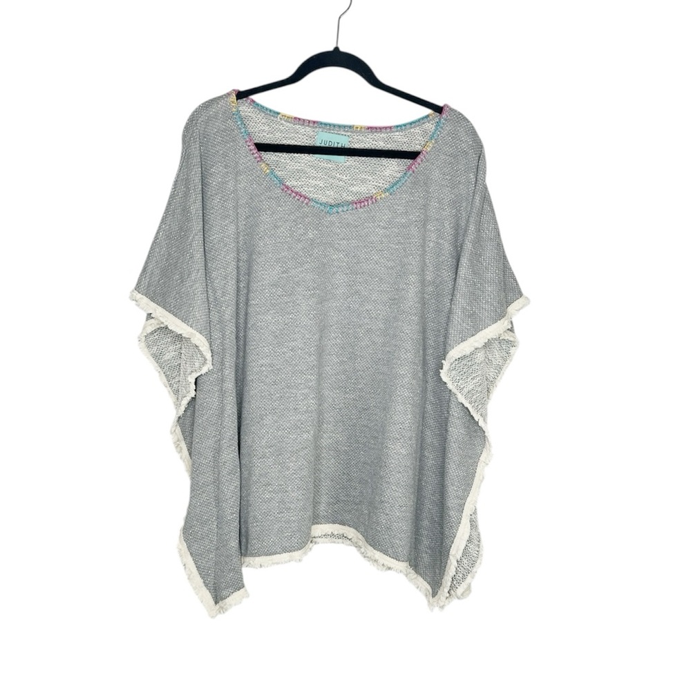 Judith March Embroidered Birds and Flowers Gray and Cream French Terry Poncho